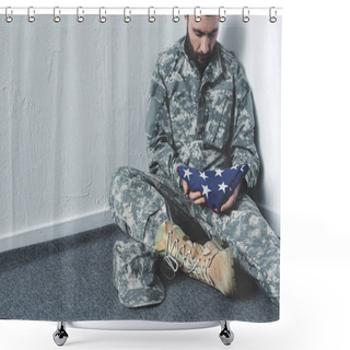 Personality  Sad Bearded Man In Military Uniform Sitting On Floor In Corner And Holding Usa National Flag Shower Curtains