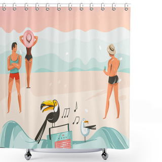 Personality  Hand Drawn Vector Abstract Cartoon Summer Time Graphic Illustrations Art Template Background With Ocean Beach Landscape,pink Sunset,boys And Girls On Beach Scene Shower Curtains