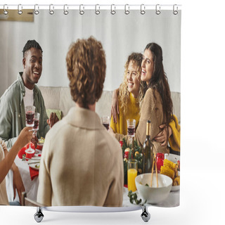 Personality  Cheerful Family Members Having Good Time At Festive Feast Hugging And Drinking Wine, Christmas Shower Curtains