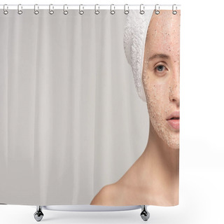 Personality  Beautiful Girl With Coconut Scrub On Face And Towel On Head, Isolated On Grey Shower Curtains