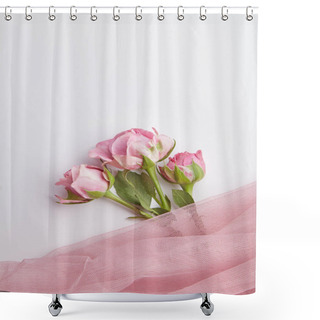 Personality  Fresh Pink Shrub Roses With Transparent Pink Fabric Isolated On White Background, Spring Concept  Shower Curtains