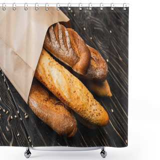 Personality  Fresh Baked Baguette Loaves In Paper Bag On Wooden Surface Shower Curtains