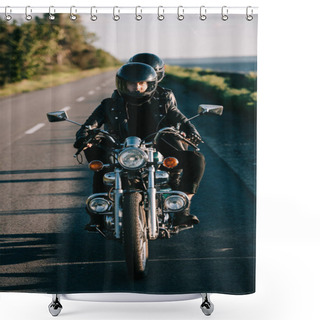 Personality  Young Couple In Helmets Riding Classical Motorbike On Country Road Shower Curtains