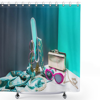 Personality  Toy Mirror With Silk Scarf And Stylish Female Accessories In Miniature Blue Room Shower Curtains
