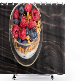 Personality  Delicious Granola With Berries And Yogurt In Glass Cup On Wooden Surface Shower Curtains