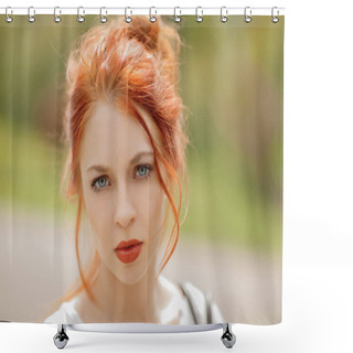 Personality  Beautiful Young Woman With Red Hair, Outside In A Park In The Sunlight, Looking Into The Camera, Lifestyle Concept Shoot Shower Curtains