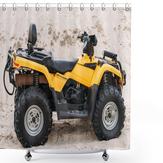 Personality  Side View Of Modern Yellow All-terrain Vehicle Standing In Desert On Cloudy Day Shower Curtains