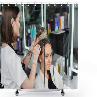 Personality  Salon Experience, Tattooed Hairdresser Doing Hair Bun To Female Client With Braids, Happy Women, Client Satisfaction, Customer In Salon, Beauty Service, Feminine, Hair Make Over  Shower Curtains