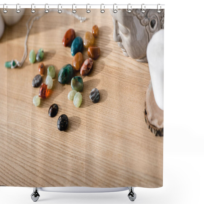 Personality  Bright Colorful Semiprecious Stones On Brown Wooden Surface Shower Curtains