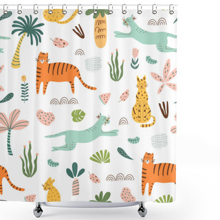Personality  Safari Kids Pattern. Funny Jungle Seamless Pattern. Palm Trees, Safari Leopard, Tiger, Cactus Doodle Textie Background. Shower Curtains