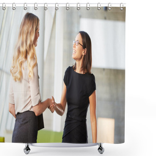 Personality  Two Businesswomen Shaking Hands In Modern Office Shower Curtains