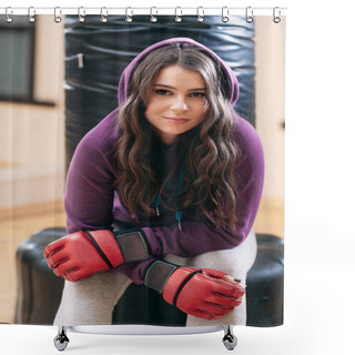 Personality  Young Girl In Sport Wear, Sitting On Punching Bag Shower Curtains