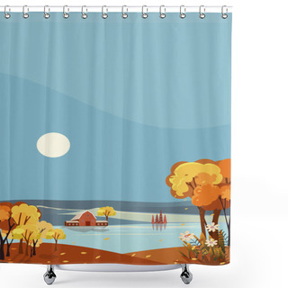 Personality  Vertical Fantasy Panorama Landscapes Of Countryside In Autumn. Panoramic Of Mid Autumn With Farm House By The Lake With The Sun And Blue Sky.Landscape On Fall Season In Orange Foliage. Shower Curtains