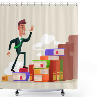 Personality  Successful Office Worker Man Businessman Entrepreneur Character Climbing Walking Up On Book Way Stairs Steps. Management Business Achievement Growth Career Education Progress Training Concept. Vector Flat Cartoon Graphic Design Isolated Illustration Shower Curtains