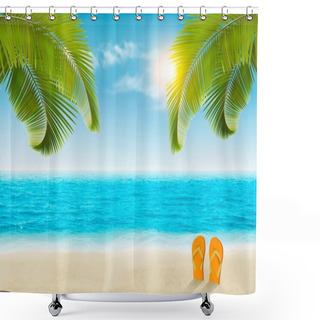 Personality  Vacation Background. Beach With Palm Trees And Blue Sea. Vector. Shower Curtains