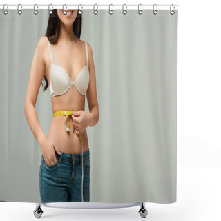 Personality  Cropped View Of Overweight Girl Standing With Hand In Pocket And Measuring Waist Isolated On Grey  Shower Curtains