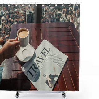 Personality  Cropped View Of Man Holding Coffee Near Travel Newspaper In Cafe With Aerial View Of Istanbul Shower Curtains