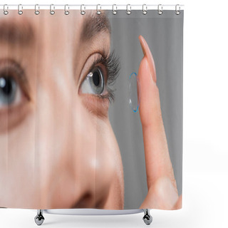 Personality  Cropped View Of Young Woman Attaching Contact Lens Isolated On Grey Shower Curtains