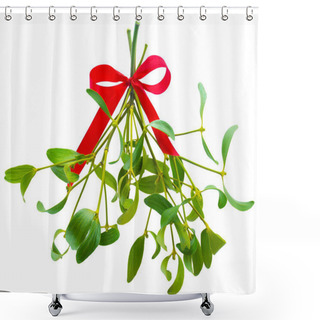 Personality  Mistletoe Bunch Hanged On Red Ribbon Isolated On A White Background Shower Curtains