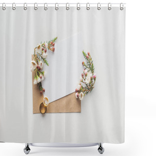 Personality  Top View Of Empty Card With Brown Envelope, Flowers And Wedding Rings On Grey Background Shower Curtains