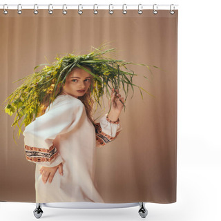 Personality  A Young Mavka Embracing Nature, Donning An Ornate White Dress, With A Plant Delicately Perched On Her Head In A Studio Setting. Shower Curtains