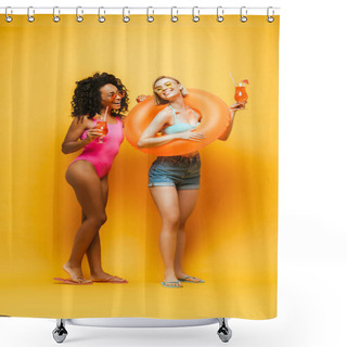 Personality  Young African American Woman In Swimsuit Looking At Blonde Friend With Swim Ring On Yellow Shower Curtains