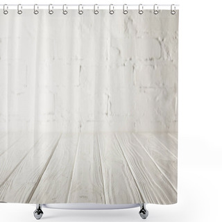 Personality  White Wooden Tabletop And White Wall With Bricks Shower Curtains