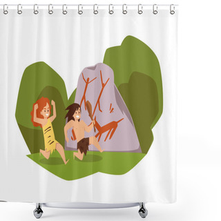 Personality  Children Of Prehistoric Period Hunting, Flat Vector Illustration Isolated. Shower Curtains
