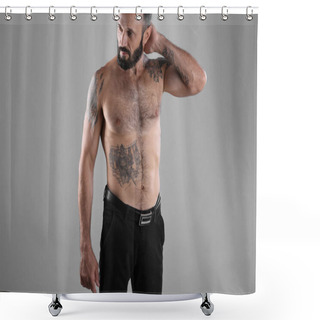 Personality  Portrait Of Handsome Tattooed Man On White Background Shower Curtains