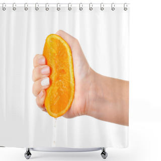 Personality  Female Hand Squeezing Orange Isolated On White Shower Curtains