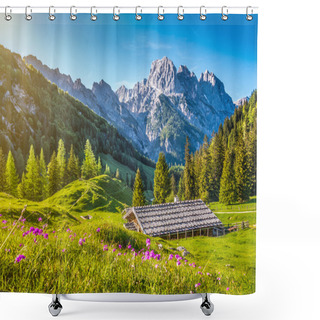 Personality  Idyllic Landscape In The Alps With Traditional Mountain Chalet In Springtime Shower Curtains