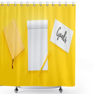 Personality  Blank Notebook And Card With 'goals' Lettering On Yellow Background, Goal Setting Concept Shower Curtains