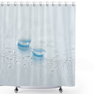 Personality  Close Up View Of Contact Lenses On White Background With Water Drops Shower Curtains