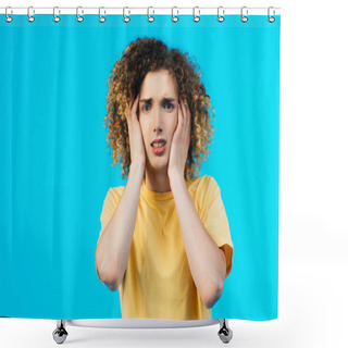 Personality  Stressed Curly Teenager Covering Ears With Hands Isolated On Blue Shower Curtains