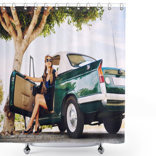 Personality  Beautiful Happy Woman Sitting In A Car. Retro Styled Shower Curtains