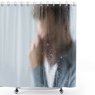 Personality  Selective Focus Of Crying Man Behind Wet Window Shower Curtains