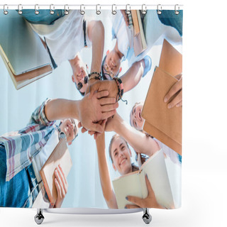 Personality  Bottom View Of Happy Multiethnic Teenage Classmates Stacking Hands In Park   Shower Curtains