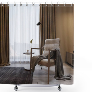 Personality  Designer Soft Armchair With Wooden Legs And A Knitted Blanket Thrown Over, Near The TV Unit In A Modern Bedroom. 3d Rendering. Shower Curtains