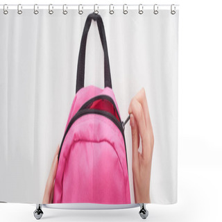 Personality  Panoramic Shot Of Schoolgirl Zipping Pink Schoolbag Isolated On White Shower Curtains