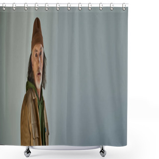 Personality  Thoughtful Senior Man In Hipster Style Clothes, Beanie Hat And Brown Jacket Looking At Camera On Grey Background, Aging Population Lifestyle Concept, Banner With Copy Space Shower Curtains