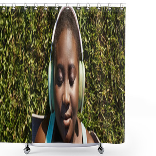 Personality  A Young Girl, With Headphones On, Lies In The Grass, Enjoying Music And The Peaceful Outdoors. Shower Curtains