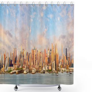 Personality  New York City Manhattan Skyline Panorama At Sunset Over Hudson River Shower Curtains