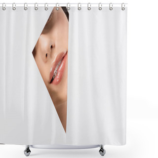 Personality  Cropped Shot Of Young Woman Biting Lip Through Hole On White Shower Curtains