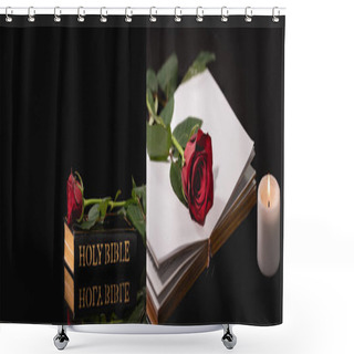 Personality  Collage Of Red Rose On Holy Bible On Black Background, Funeral Concept, Banner Shower Curtains