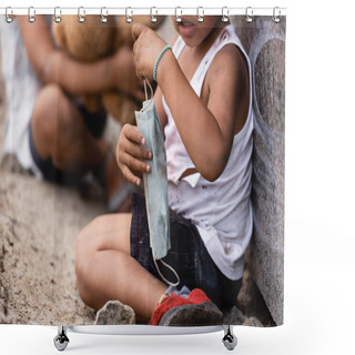 Personality  Cropped View Of Poor African American Kid Holding Dirty Medical Mask Near Sister Shower Curtains