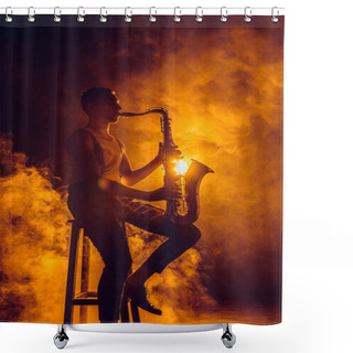 Personality  Young Expressive Jazzman Sitting On Stool And Playing Saxophone Shower Curtains