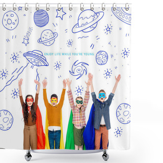 Personality  1 Excited Kids In Superhero Costumes And Masks With Raised Hands  Shower Curtains