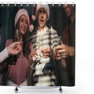 Personality  Happy, Young Businesspeople In Santa Hats Lighting Sparklers While Holding Champagne Glasses Shower Curtains