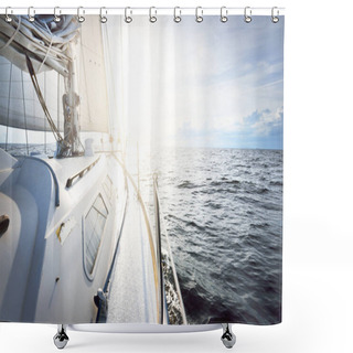 Personality  White Yacht Sailing In An Open Sea At Sunset. Close-up View From The Deck To The Bow And Sails. Dramatic Sky With Colorful Clouds After The Storm. Waves And Water Splashes. Sport And Recreation Theme Shower Curtains