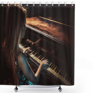 Personality  Beautiful Woman With Fancy Elegant Dress Posing In The Piano Roo Shower Curtains